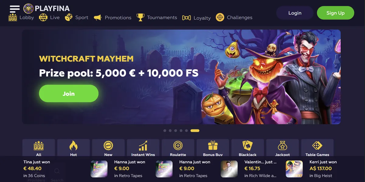 Application banner Playfina Casino