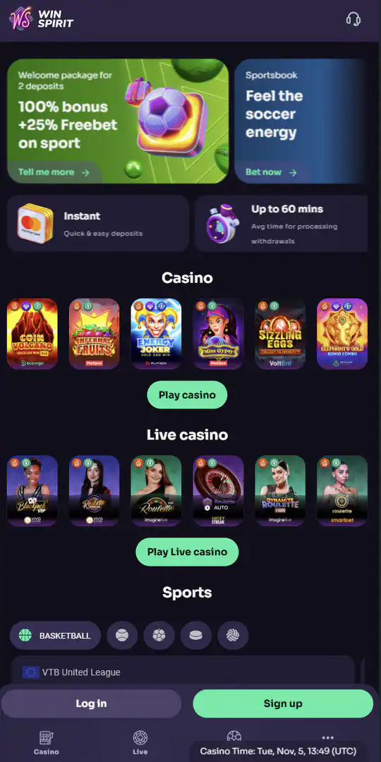 Screenshot of the application Winspirit Casino 1