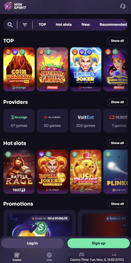 Screenshot of the application Winspirit Casino 2